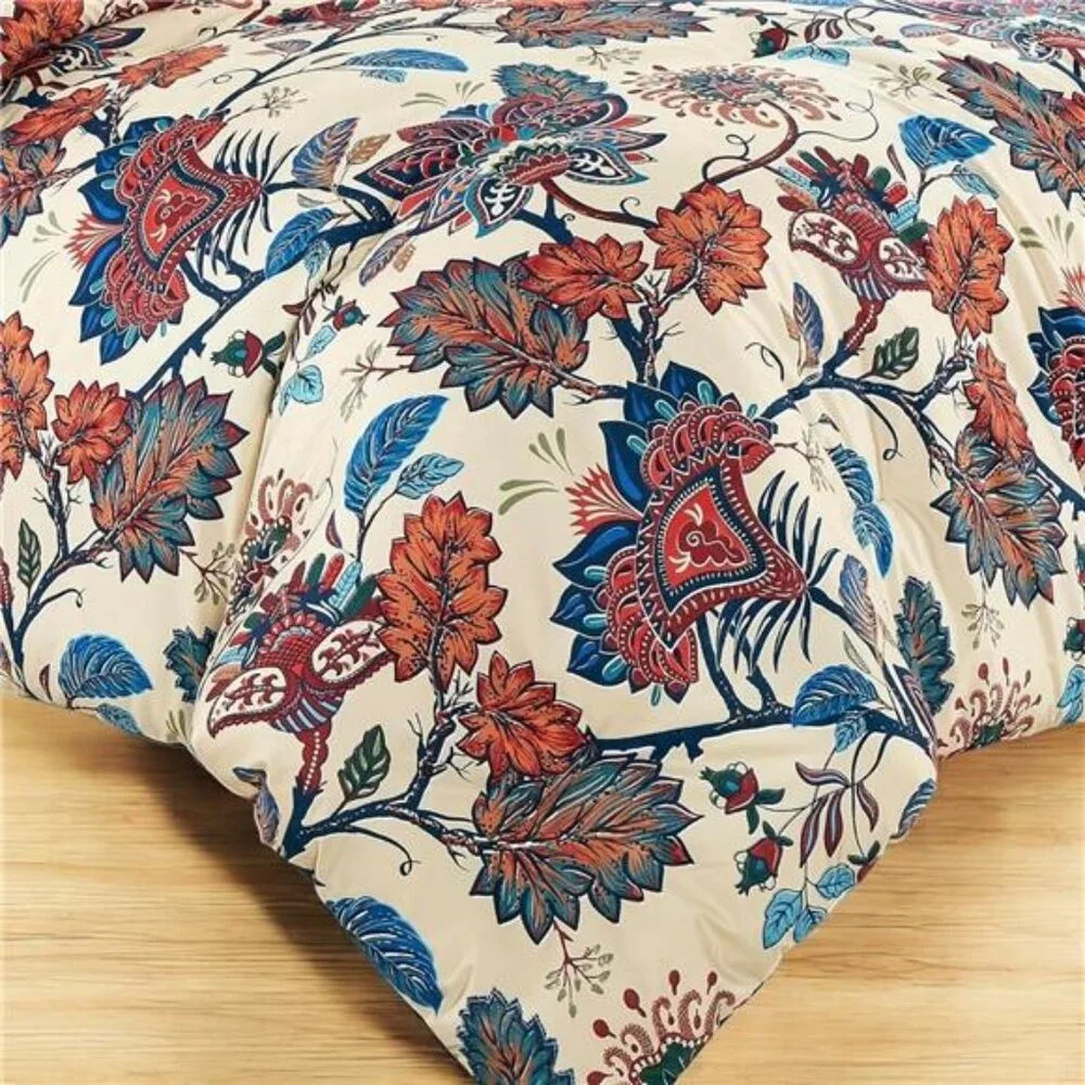NEW Anthropologie Red Blue Floral Queen / King Boho Comforter Bedding & Sham Set